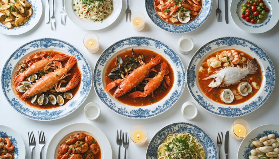Traditional Italian Christmas Eve dinner table with multiple seafood dishes and festive decorations