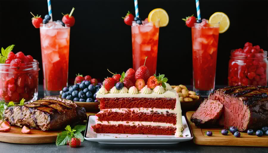 Spread of traditional Juneteenth dishes featuring red velvet cake, barbecued meats, and red beverages