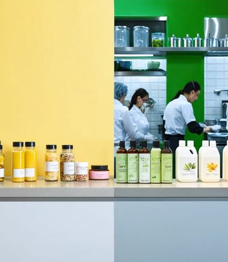 Split image illustrating the transformation from a kitchen-based beauty business to a professional production facility, symbolizing the growth journey of an entrepreneur.