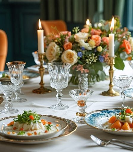 Cozy dining table adorned with beautifully plated dishes, fresh flowers, and candles, creating an intimate and engaging dining experience.