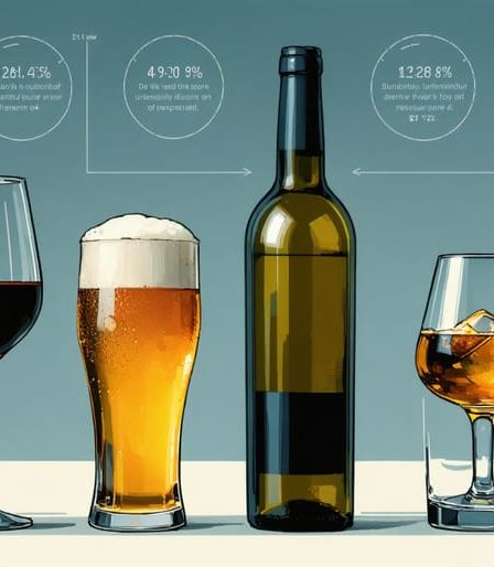 Illustrated comparison of standard drink sizes, featuring a wine glass, beer bottle, and shot glass, with visual indications of measurements to emphasize understanding alcohol portions.