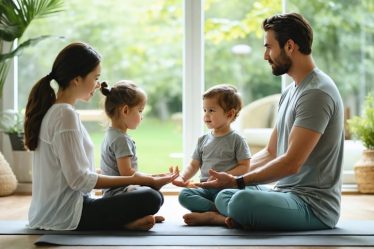 A family practicing mindfulness together in a serene setting, sitting on a yoga mat near a large window with greenery visible outside, capturing a moment of calm and connection.