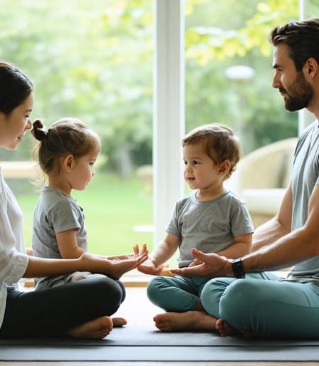 A family practicing mindfulness together in a serene setting, sitting on a yoga mat near a large window with greenery visible outside, capturing a moment of calm and connection.