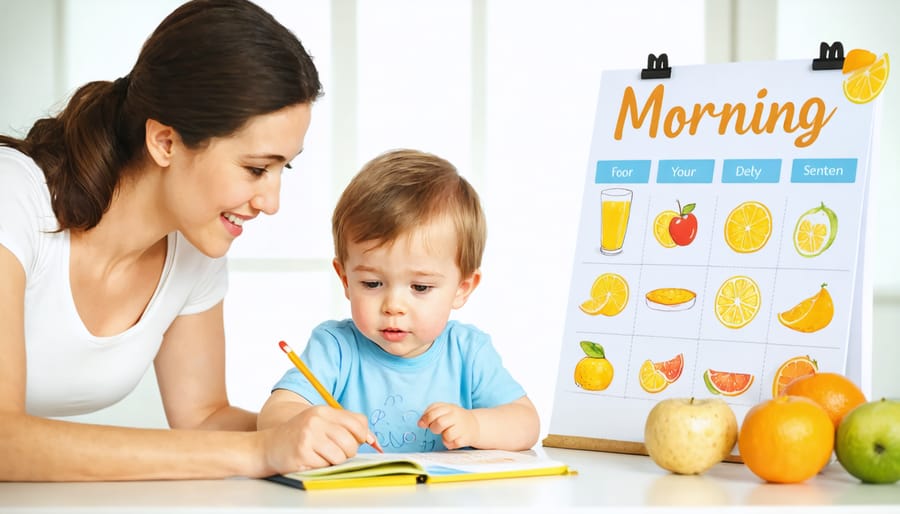 Smiling parent and child using an interactive morning routine chart with stickers