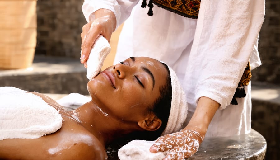 Traditional Moroccan hammam spa treatment showing beauty ritual preparation