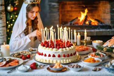 A diverse holiday scene featuring a Swedish girl wearing a Santa Lucia crown, a Japanese Christmas cake with strawberries, an Italian seafood feast, and a Finnish sauna with candlelight, celebrating global family traditions.