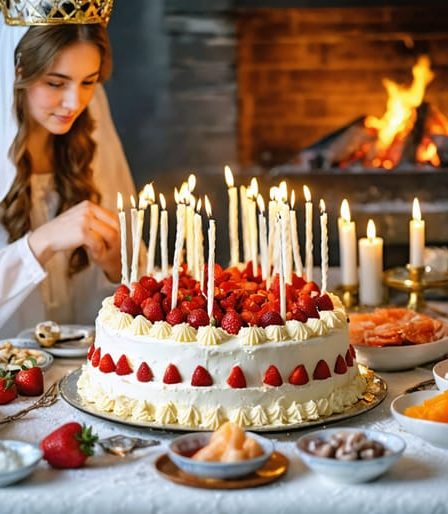 A diverse holiday scene featuring a Swedish girl wearing a Santa Lucia crown, a Japanese Christmas cake with strawberries, an Italian seafood feast, and a Finnish sauna with candlelight, celebrating global family traditions.