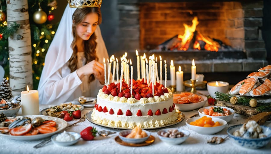 A diverse holiday scene featuring a Swedish girl wearing a Santa Lucia crown, a Japanese Christmas cake with strawberries, an Italian seafood feast, and a Finnish sauna with candlelight, celebrating global family traditions.