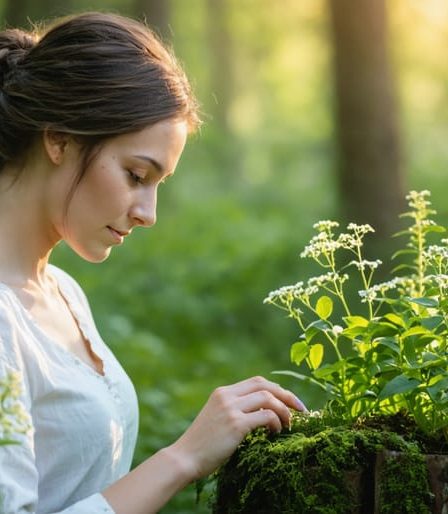 Nicole Apelian in a serene woodland setting, examining medicinal plants and herbs, symbolizing her holistic wellness approach.
