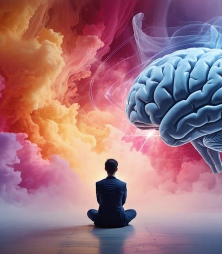 A calm person meditates amidst abstract colorful swirls, symbolizing emotional turmoil, transitioning to a clear brain illustration with light waves, representing mental clarity and emotional regulation.