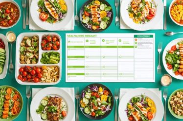 A dining table adorned with a colorful plant-based meal featuring fresh, local produce arranged with reusable containers and an eco-friendly meal planning chart, symbolizing sustainable eating practices.