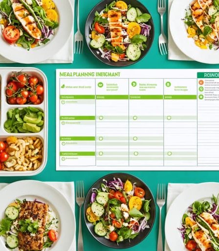 A dining table adorned with a colorful plant-based meal featuring fresh, local produce arranged with reusable containers and an eco-friendly meal planning chart, symbolizing sustainable eating practices.