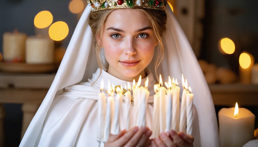 Swedish girl wearing traditional Santa Lucia crown with lit candles and white gown