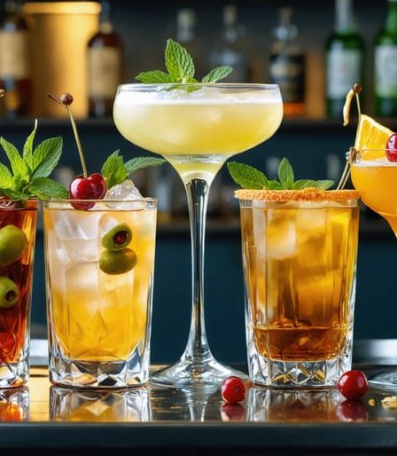 A variety of classic cocktail glasses arranged beautifully on a reflective surface, each showcasing distinctive garnishes.