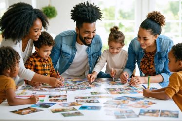 A diverse family joyfully creating a colorful vision board together, symbolizing collaborative family unity and purpose.