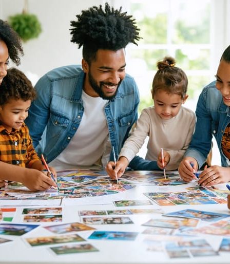 A diverse family joyfully creating a colorful vision board together, symbolizing collaborative family unity and purpose.