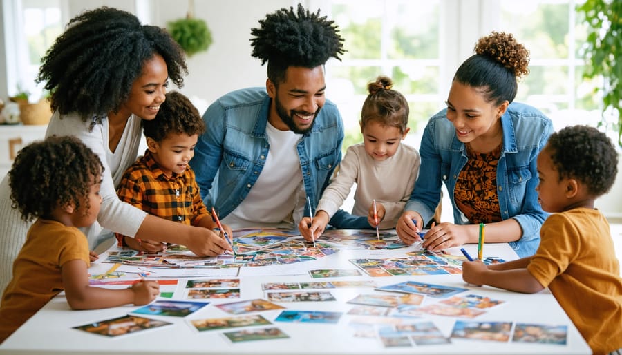 A diverse family joyfully creating a colorful vision board together, symbolizing collaborative family unity and purpose.