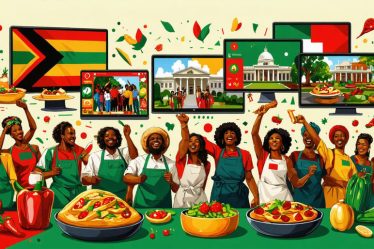 An illustration of a vibrant virtual Juneteenth celebration with diverse people engaged in cultural activities, digital connections, and symbols of the Juneteenth holiday.
