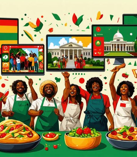 An illustration of a vibrant virtual Juneteenth celebration with diverse people engaged in cultural activities, digital connections, and symbols of the Juneteenth holiday.