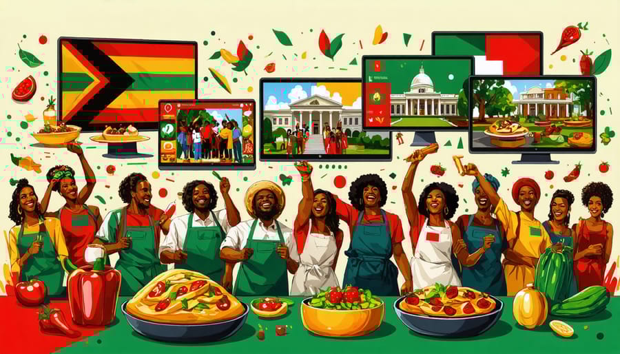 An illustration of a vibrant virtual Juneteenth celebration with diverse people engaged in cultural activities, digital connections, and symbols of the Juneteenth holiday.