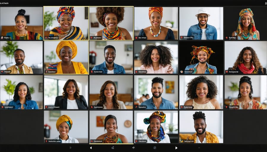 Multi-window video conference display showing diverse people celebrating Juneteenth virtually
