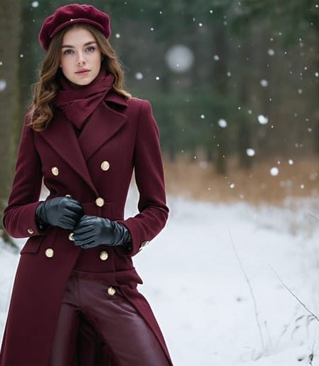 A sophisticated winter fashion outfit styled with a burgundy wool coat, pearl-embellished beret, and knee-high boots, set against a serene snowy forest backdrop.