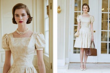 A modern woman elegantly dressed in a 1950s-inspired Dior-style dress, featuring a nipped waist and full skirt, accessorized with pearl jewelry and a structured handbag, blending vintage style with contemporary elegance.