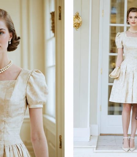 A modern woman elegantly dressed in a 1950s-inspired Dior-style dress, featuring a nipped waist and full skirt, accessorized with pearl jewelry and a structured handbag, blending vintage style with contemporary elegance.