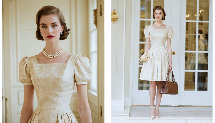 A modern woman elegantly dressed in a 1950s-inspired Dior-style dress, featuring a nipped waist and full skirt, accessorized with pearl jewelry and a structured handbag, blending vintage style with contemporary elegance.