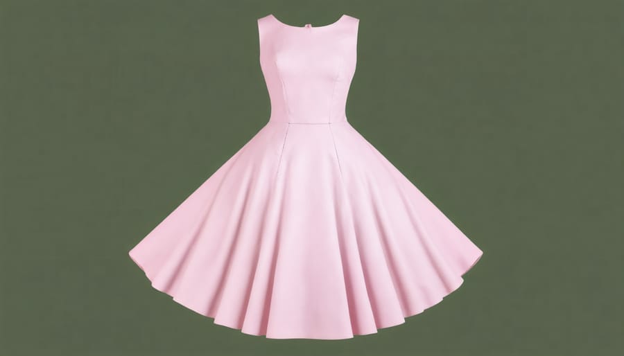 Classic 1950s Dior-style dress featuring a fitted bodice, tiny waist, and voluminous midi skirt