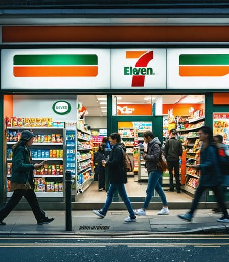A bustling street corner at dusk with a modern, brightly lit 7-Eleven store. Customers are seen entering and interacting with digital maps, depicting the convergence of physical location strategy and digital convenience.
