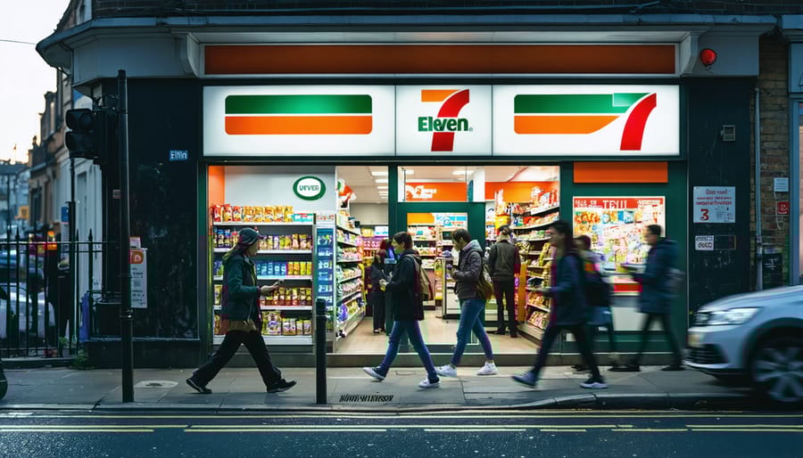 A bustling street corner at dusk with a modern, brightly lit 7-Eleven store. Customers are seen entering and interacting with digital maps, depicting the convergence of physical location strategy and digital convenience.