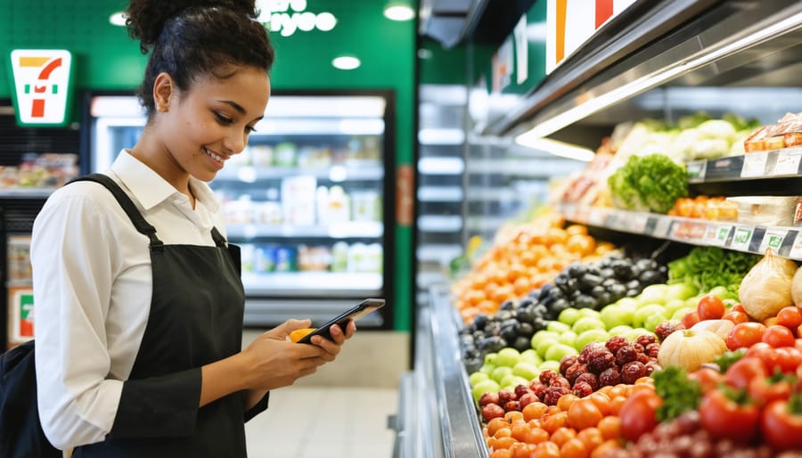 Person using 7-Eleven mobile app with fresh food display in background