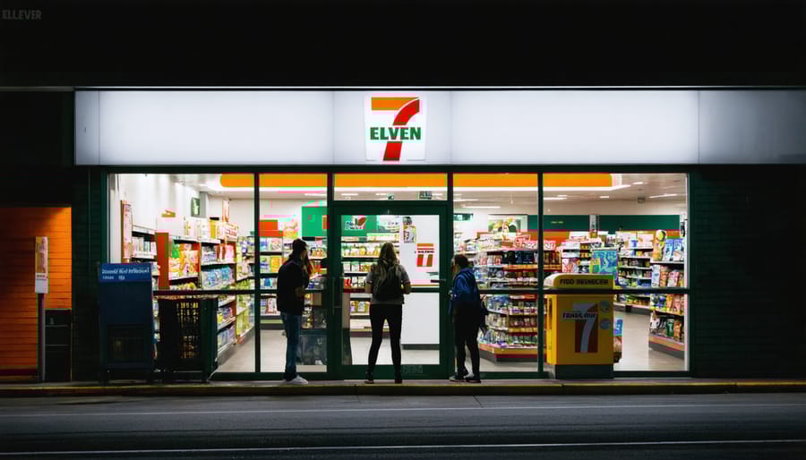Illuminated 7-Eleven store exterior showing strategic corner location and customer traffic