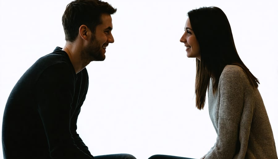 Two people engaged in deep conversation with attentive body language and caring expressions