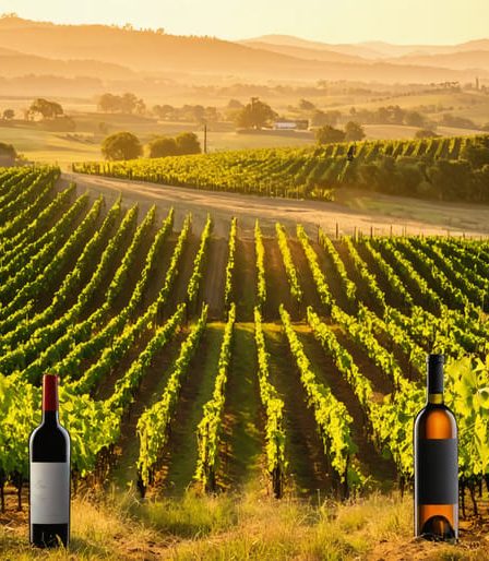 An atmospheric illustration of American wine country, featuring sunlit vineyards, diverse wine bottles, and a golden sunset, symbolizing the rich tradition and innovation in U.S. winemaking.