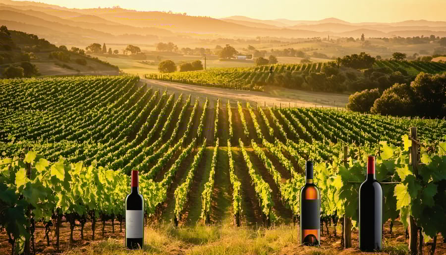 An atmospheric illustration of American wine country, featuring sunlit vineyards, diverse wine bottles, and a golden sunset, symbolizing the rich tradition and innovation in U.S. winemaking.