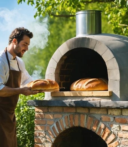 "A backyard clay oven with a chef removing a crusty loaf of bread, surrounded by garden foliage and visible smoke, illustrating traditional outdoor cooking."