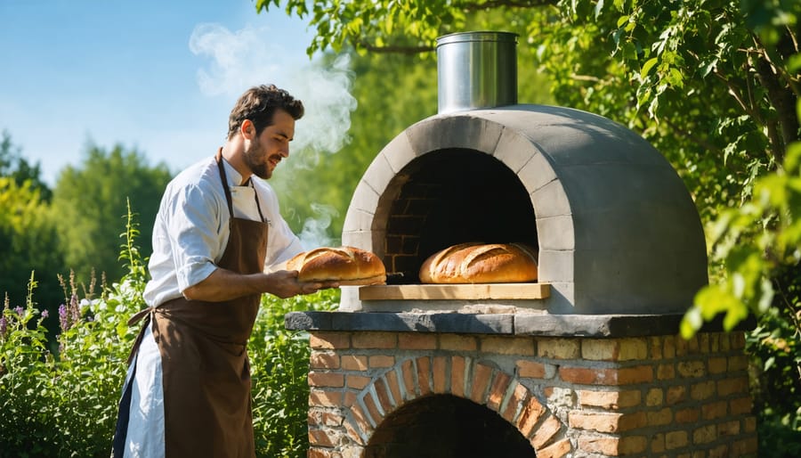 "A backyard clay oven with a chef removing a crusty loaf of bread, surrounded by garden foliage and visible smoke, illustrating traditional outdoor cooking."