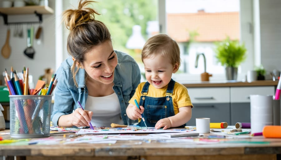Mother with a messy bun engaging in a craft activity with her toddler in a lively, disorderly home setting, illustrating the everyday chaos and joy of parenting.