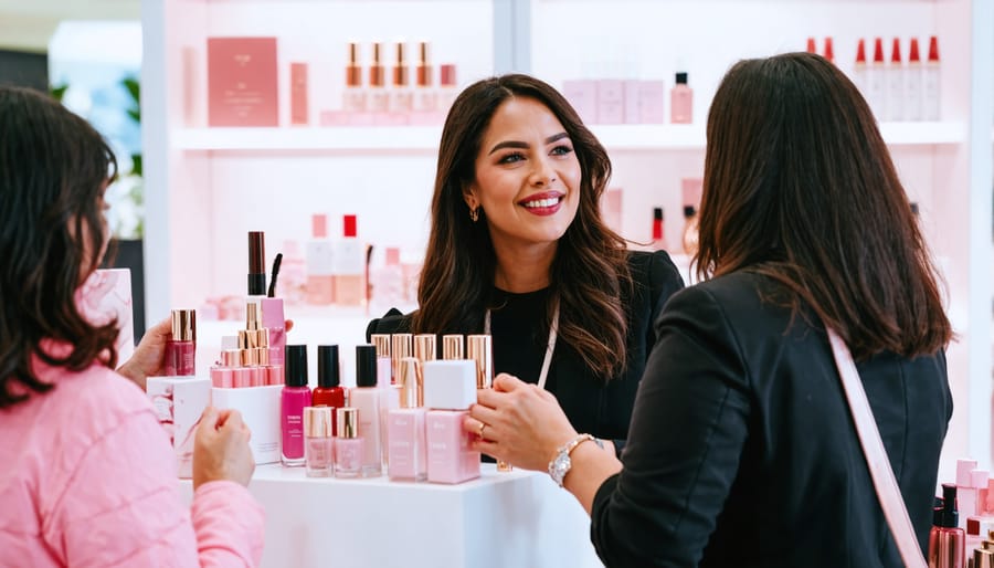 Female entrepreneur demonstrating beauty products to engaged customers