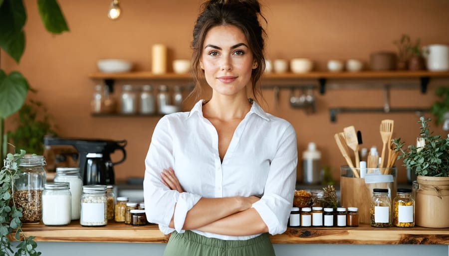 Female beauty entrepreneur working in her kitchen, surrounded by skincare ingredients and product materials, symbolizing the journey from passion to business success.