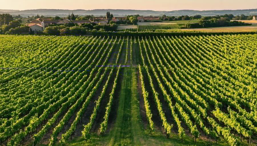 Rolling hills of Bordeaux vineyards with symmetrical vine rows and historic chateau in background