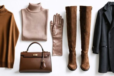 A stylish flat lay of elegant winter fashion pieces including a camel cashmere sweater, blush silk turtleneck, chocolate suede knee-high boots, and a gray tailored wool coat, accompanied by leather gloves and a structured handbag.