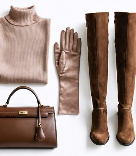 A stylish flat lay of elegant winter fashion pieces including a camel cashmere sweater, blush silk turtleneck, chocolate suede knee-high boots, and a gray tailored wool coat, accompanied by leather gloves and a structured handbag.