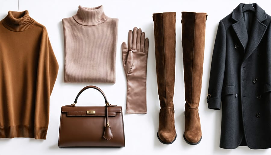 A stylish flat lay of elegant winter fashion pieces including a camel cashmere sweater, blush silk turtleneck, chocolate suede knee-high boots, and a gray tailored wool coat, accompanied by leather gloves and a structured handbag.