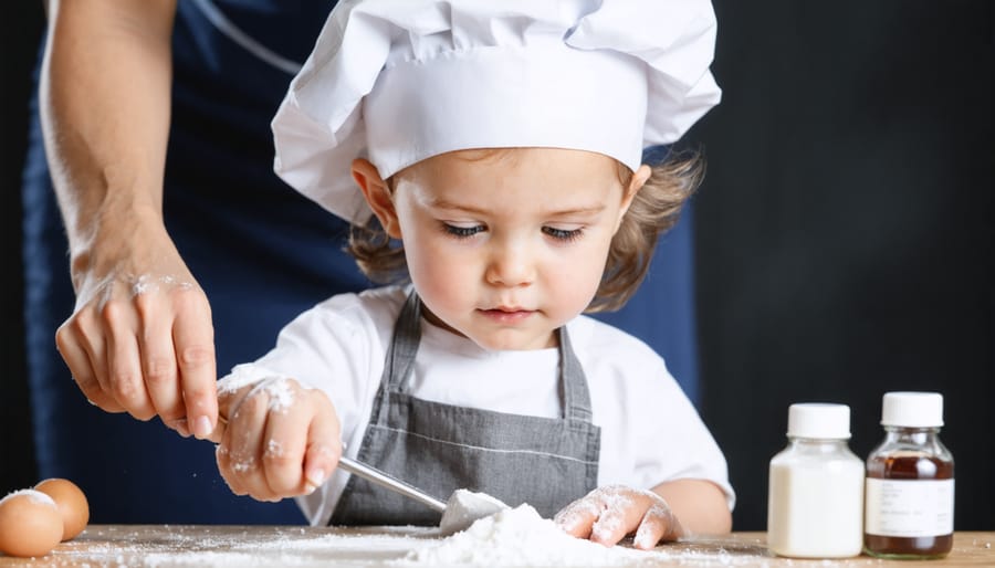 Six-year-old child in chef attire carefully measuring flour with a measuring cup