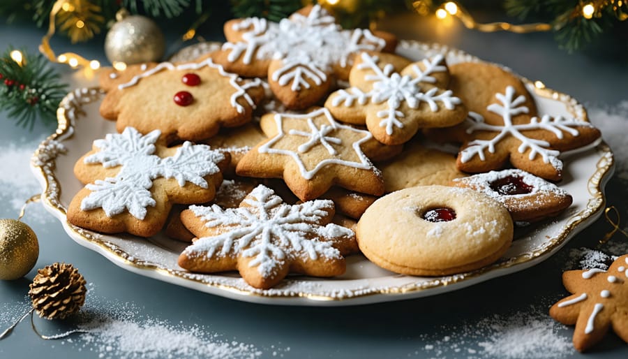 Traditional holiday cookies displayed on a vintage silver platter with festive decorations