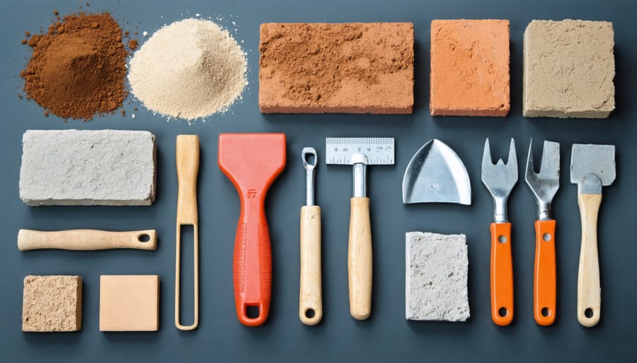 Organized display of clay oven building materials including clay, sand, bricks, trowels, and measuring tools