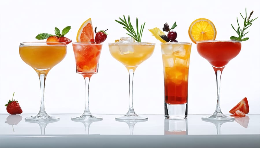 Multiple images showing cocktail garnishing steps including citrus twists, herb sprigs, and rim sugar techniques